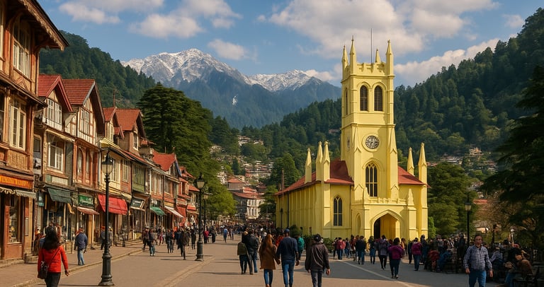 "Colorful town and church with snowy mountains."