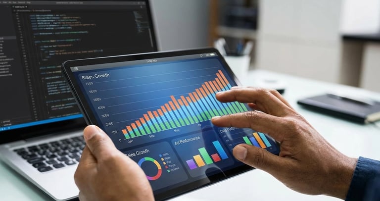Tablet a exibir gráficos de performance e métricas de vendas digitais para Argos Consultora Digital