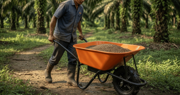Worker pushing an orange e-wheelbarrow full of fertilizer through a tropical palm oil plantation.