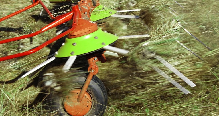 A red and green rotary hay tedder turning and drying cut grass in a farm field.