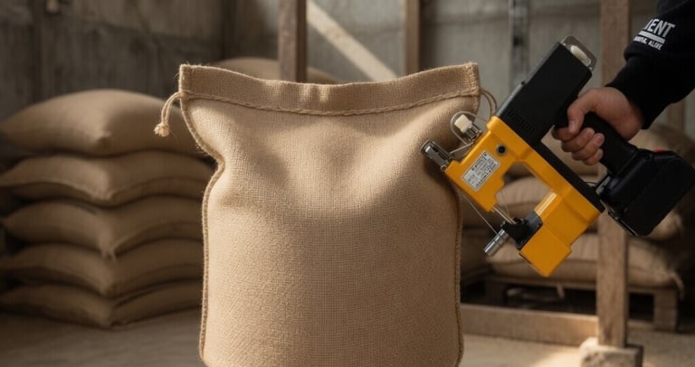 A portable hand-held bag sewing machine sealing a burlap sack filled with grain in a warehouse.