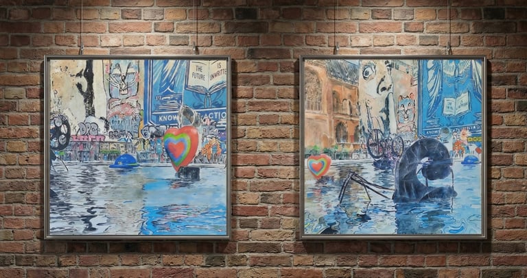 Pompidou by Coby Hurtak. Two paintings of Pompidou Paris mixing old architecture and modern art.