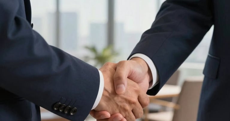 A close-up of a professional business handshake between two corporate leaders in a modern Southeast Asian / Indonesian office setting. The lighting is bright and natural, reflecting through large windows. The scene includes elements of Deep Navy and Warm Sand in the office decor.