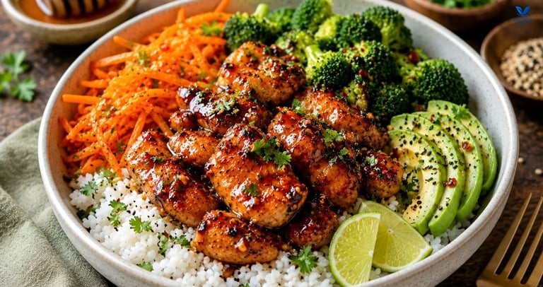 Healthy Hot Honey Chicken Bowl with rice and veggies