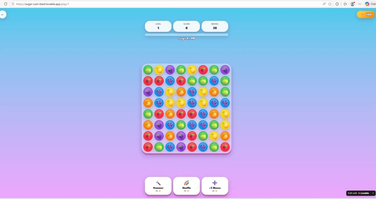 Live public version of Sugar Rush Blast running after successful AI deployment.