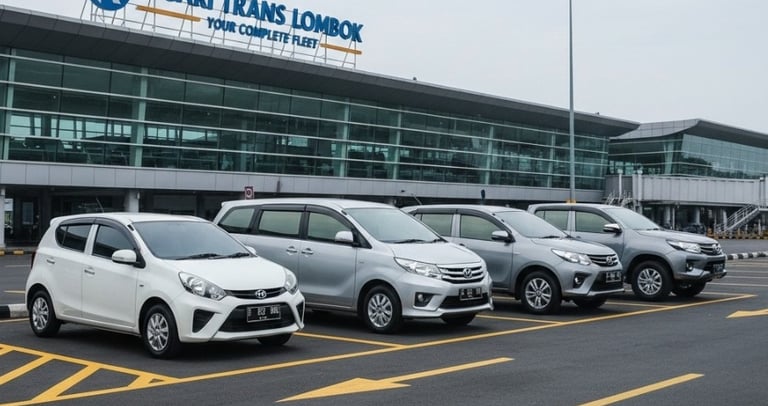 Fleet of Ricari Trans Lombok rental cars parked outside a modern airport terminal building.