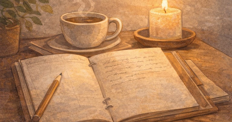 Escena de autocuidado con libreta y bebida caliente como ritual breve para regular la ansiedad y volver al presente.