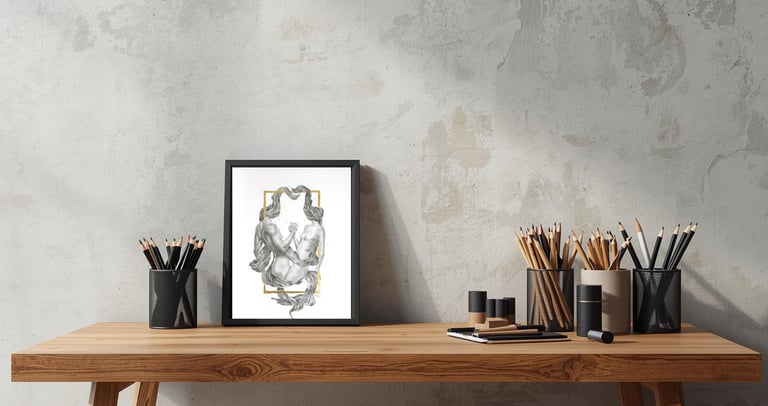 mise en scène d'un print A4 encadré et posé sur une table à dessin