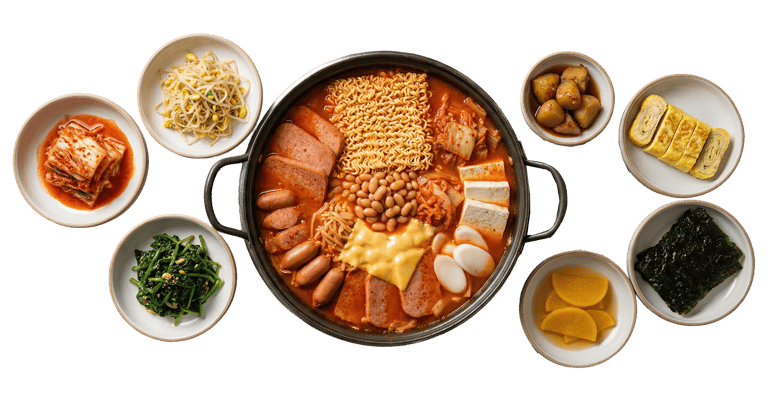 Steaming Korean-style army stew (Budae-jjigae) featuring ramen noodles, kimchi, tofu, and assorted savory ingredients.