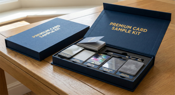 Free board game manufacturing sample kit including foil cards and paper stocks.
