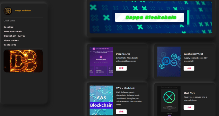 Dapps Blockchain website dashboard featuring AI content detection and supply chain web3 project links.
