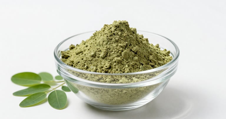 Vibrant green moringa powder with subtle overlay showing nutrient molecular detail