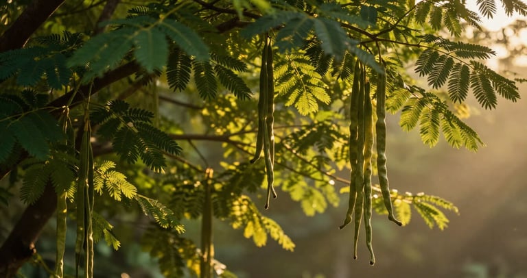 Majestic moringa tree with delicate feathery leaves and drumstick pods in golden light