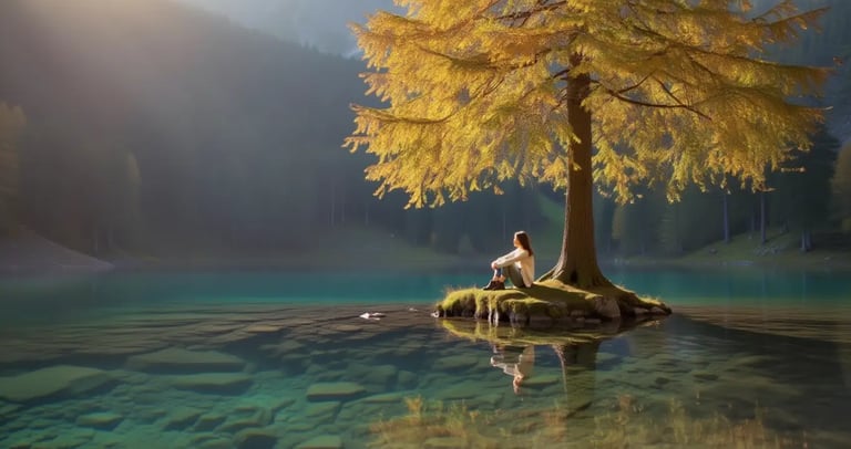 une femme femmensous un arbre au milieu d'un lac avec une magnifique forêt autour