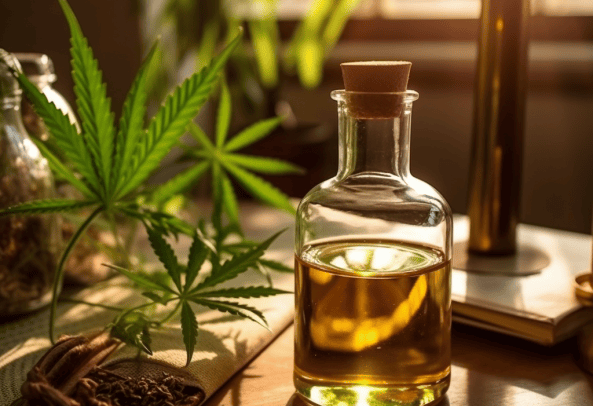 a bottle of cannabis oil on a table