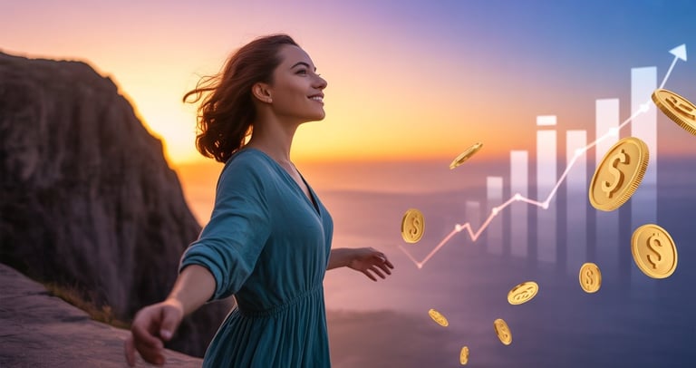 Financially independent woman symbolizing investing success, index funds growth, stock trading.