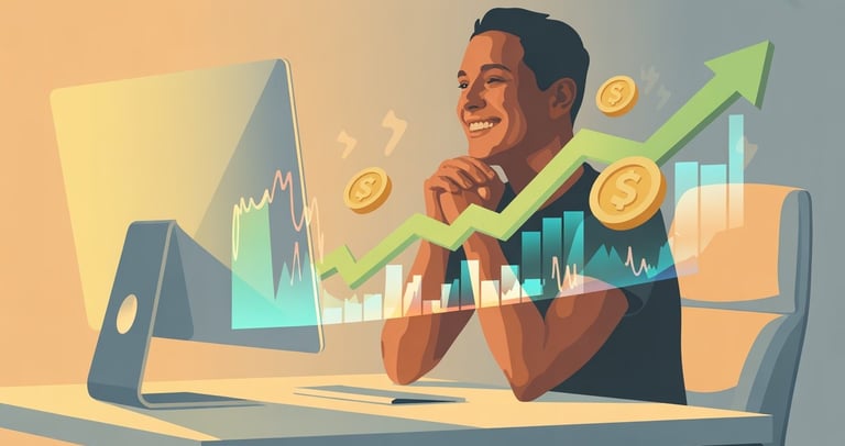 Happy man investing small amounts monthly, watching his wealth grow steadily over time.