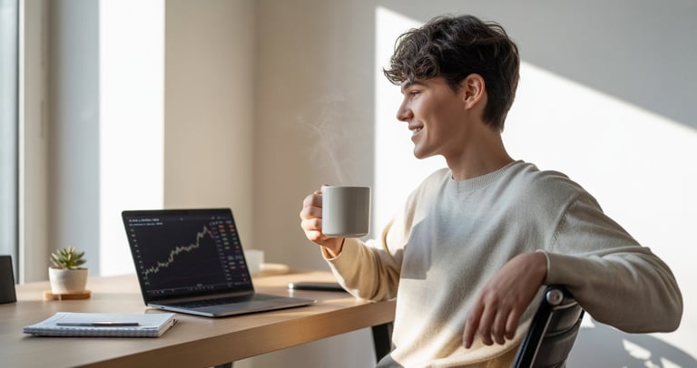 Young man investing small amounts monthly, building wealth step by step over time.