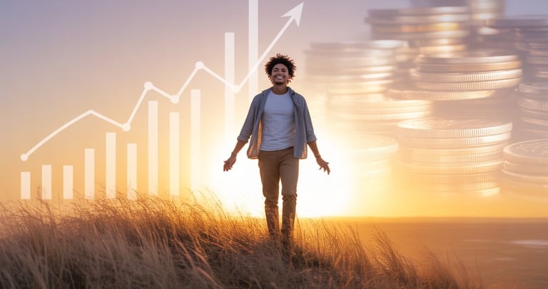 Happy man celebrating financial freedom, wealth, investing, trading, and passive income.