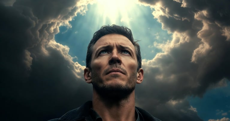 Christian man seeking freedom from porn addiction under heavenly light breaking through darkness.