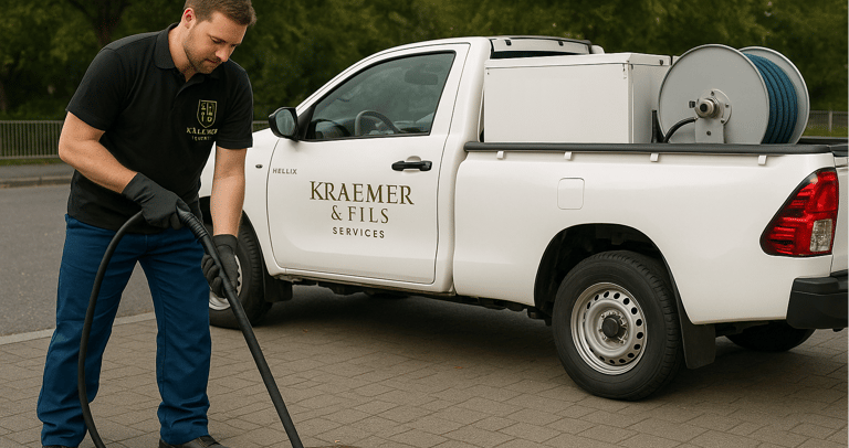 a man in a black shirt is cleaning a truck