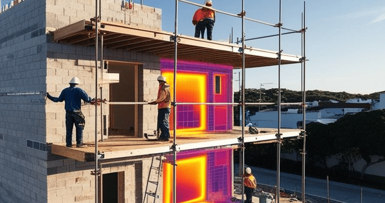 Homens trabalhando em casa e paredes com marcas de camera termica