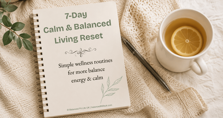 A 7-Day Calm and Balanced Living Reset wellness guide on a spiral notebook next to lemon tea.