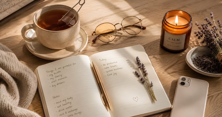 A gratitude journal on a desk with a cup of tea, scented candle, and dried lavender for mindfulness.