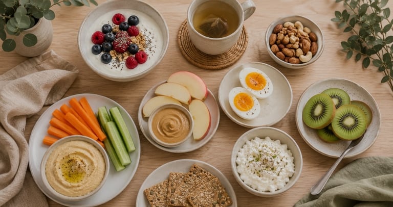 A healthy snack spread with yogurt, fresh fruit, boiled eggs, hummus, and nuts on a wooden table.