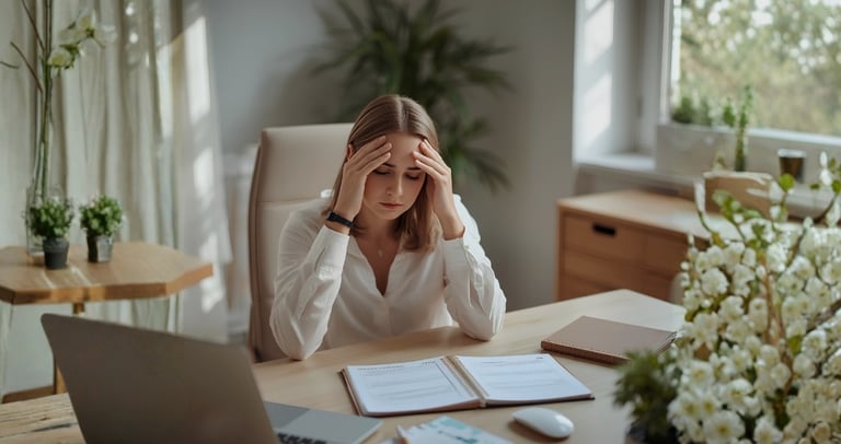 Woman sitting at her desk feeling mentally overwhelmed while stress affects her focus and memory.