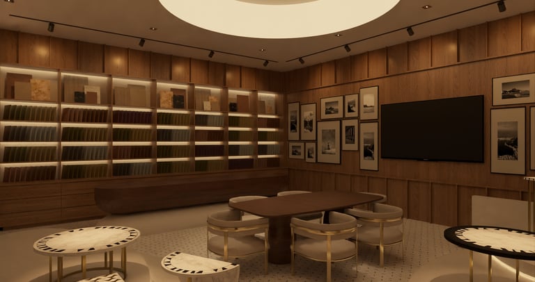 Experiential showroom interior in Dubai showcasing warm timber finishes and curated art displays,