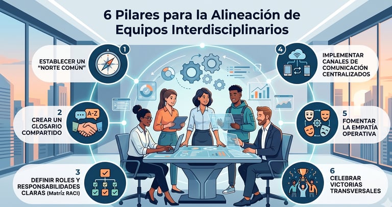 Infografía que muestra los 6 pilares para la alineación de equipos interdisciplinarios
