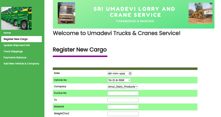 Lorry Service Management System - Register New Cargo Page