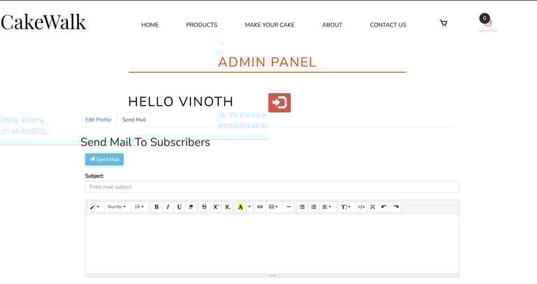 Cake Walk - Online Cake Shop System - Admin Panel Page
