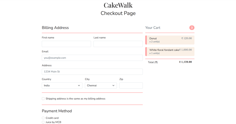 Cake Walk - Online Cake Shop System - Checkout Page