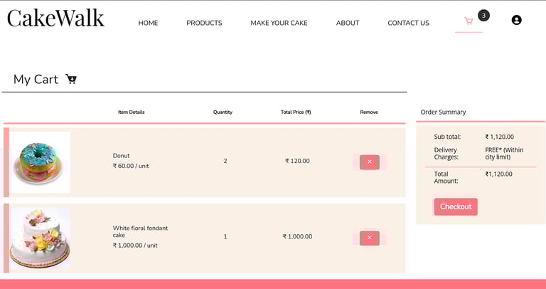 Cake Walk - Online Cake Shop System - My Cart Page
