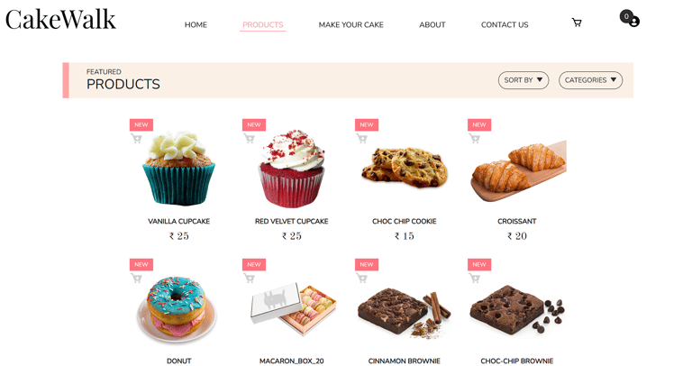 Cake Walk - Online Cake Shop System - Products Page