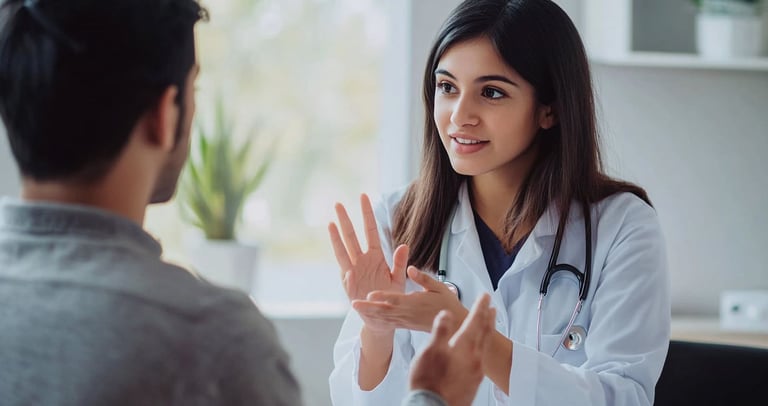 Fisioterapeuta usando Lengua de Señas Mexicana con paciente en clínica accesible e inclusiva