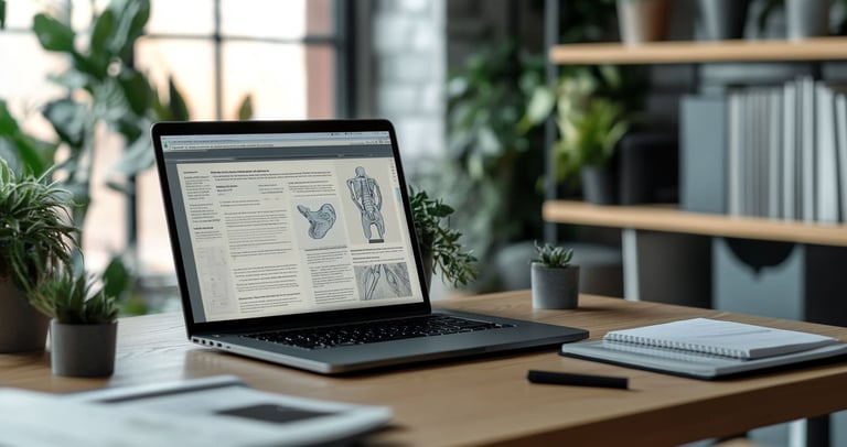 Laptop con plataforma de aprendizaje en fisioterapia, rodeada de libros abiertos con ilustraciones médicas en espacio moderno