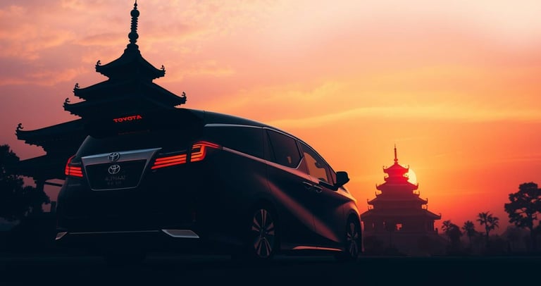 Toyota Alphard luxury van near Thai temple at sunset