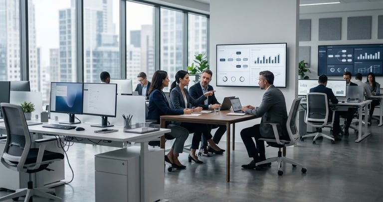 Professional business team collaborating in a modern open-plan office with data analytics on digital displays.