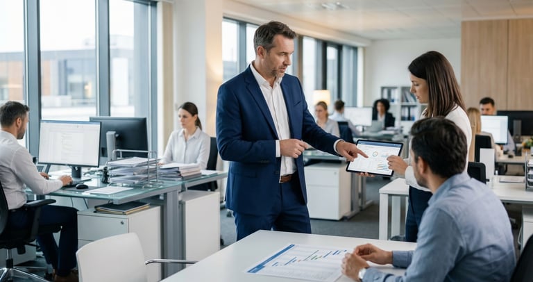 Professional business team analyzing financial data on a digital tablet in a modern open-plan office.
