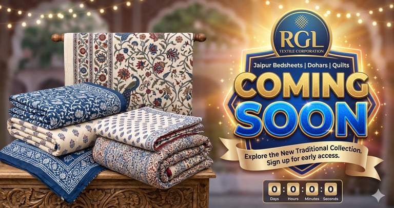 Traditional block print Jaipur bedsheets and quilts display for RGL Textile Corporation coming soon announcement.