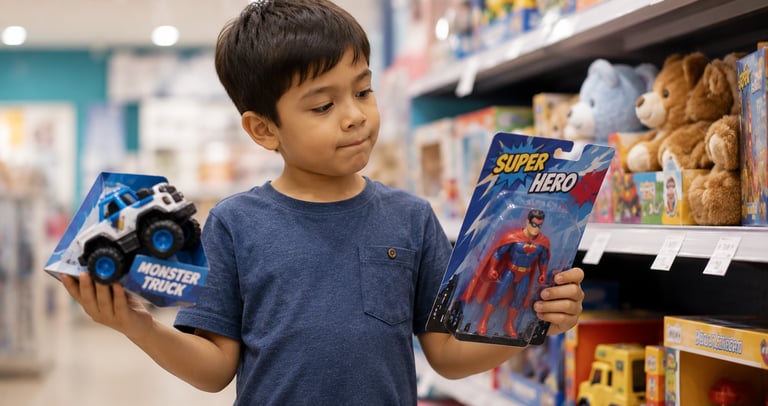  Child comparing two toys in a store while making a thoughtful spending decision, illustrating why t