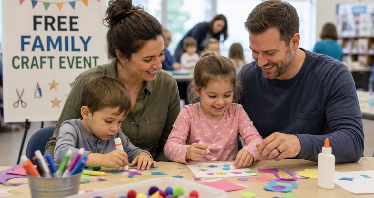 Family creating crafts together at a free family program designed for children and parents.