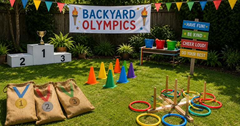 A setup of a backyard Olympics setup with various games and trophy stand.