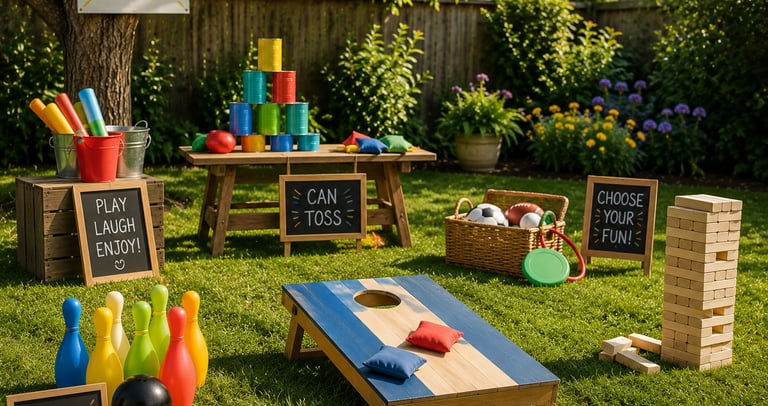 Examples of various games that can be played in the backyard such as bowling, bean bag toss, etc.
