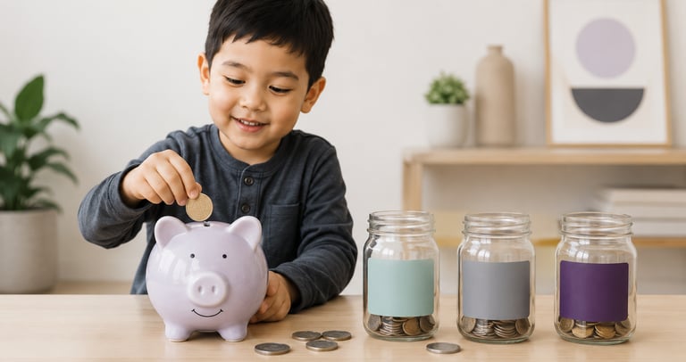  Child placing coins into a piggy bank beside savings jars at a cozy home table, showing why teachin