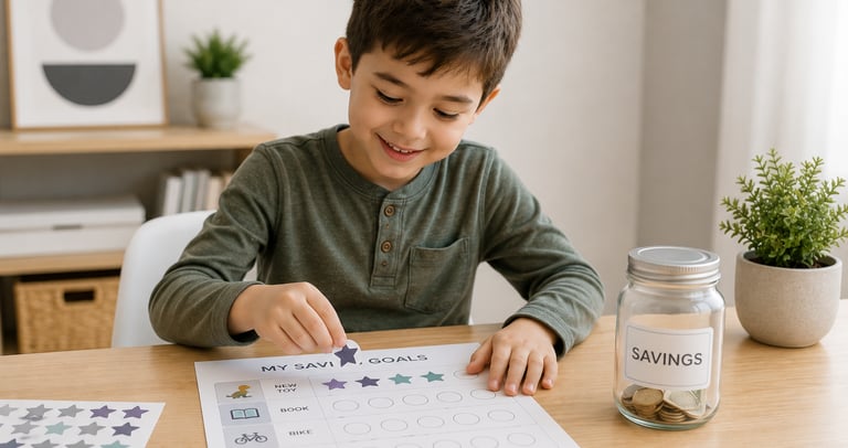 Young boy using a sticker savings chart at home to track money goals and learn smart habits, showing