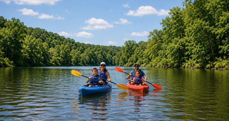 Family enjoying a kayaking adventure on a peaceful lake as part of a community outdoor program.